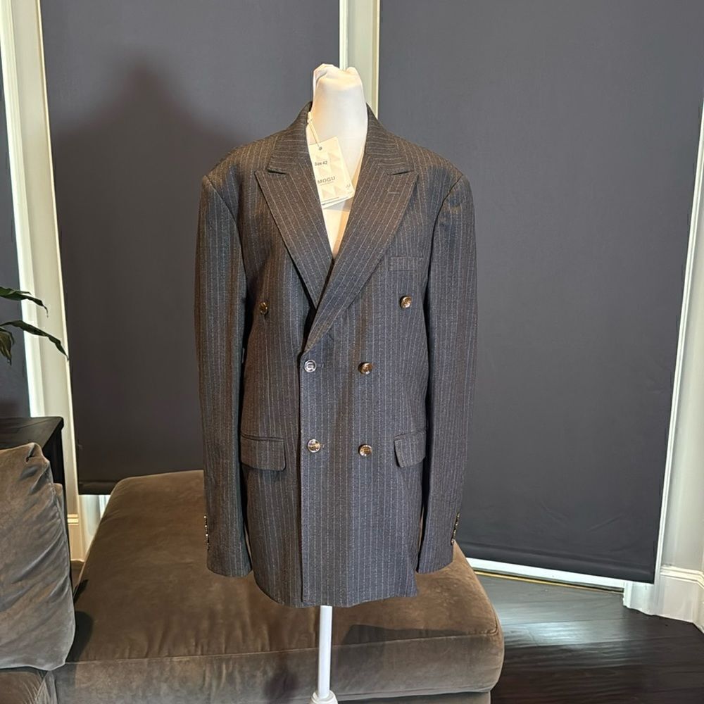 Men’s 3 Piece Suit Slim Fit Pinstripe Gray Prom Business Size 42 Jacket 38 Pants